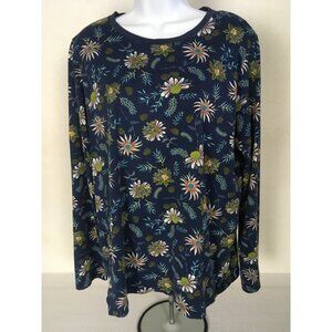 Lands End Top Size L  Navy Blue Green White Flowers Long Sleeves Round Neck Tee